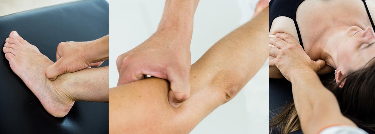 Fotos von Behandlungssituationen der Faszientherapie: am Fuß, am Arm und am Nacken bzw. Rücken