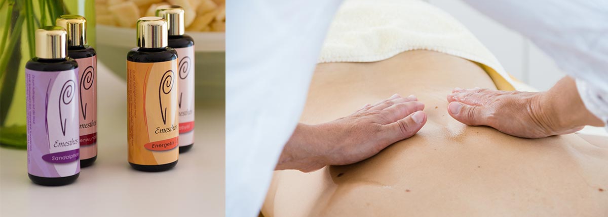 Links Öl-Fläschchen, rechts Abbildung einer Rücken-Massage mit Öl.