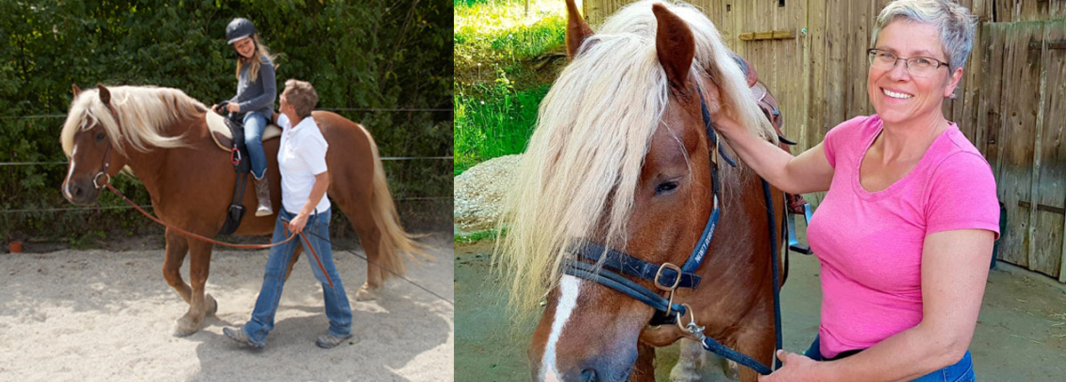 Zwei Fotos von Karin Miller mit Pferd und einem Klienten auf dem Pferd zeigen Therapeutisches Reiten