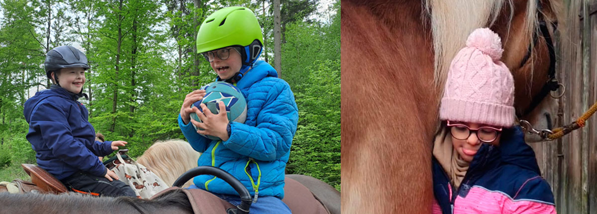 Zwei Fotos: Links zwei Jungs Ball spielend auf Pferden, rechts ein Mädchen, dass sie vertrauensvoll an ein Pferd anschmiegt.