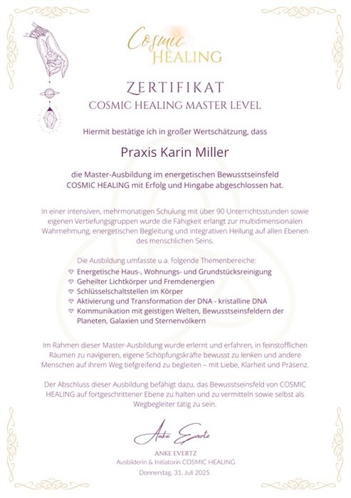 Zertifikat Cosmic Healing Master Level Abbildung Zertifikat Master Level Cosmic Healing Master Level