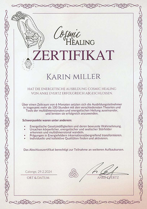 Zertifikat Ausbildung Cosmic Healing